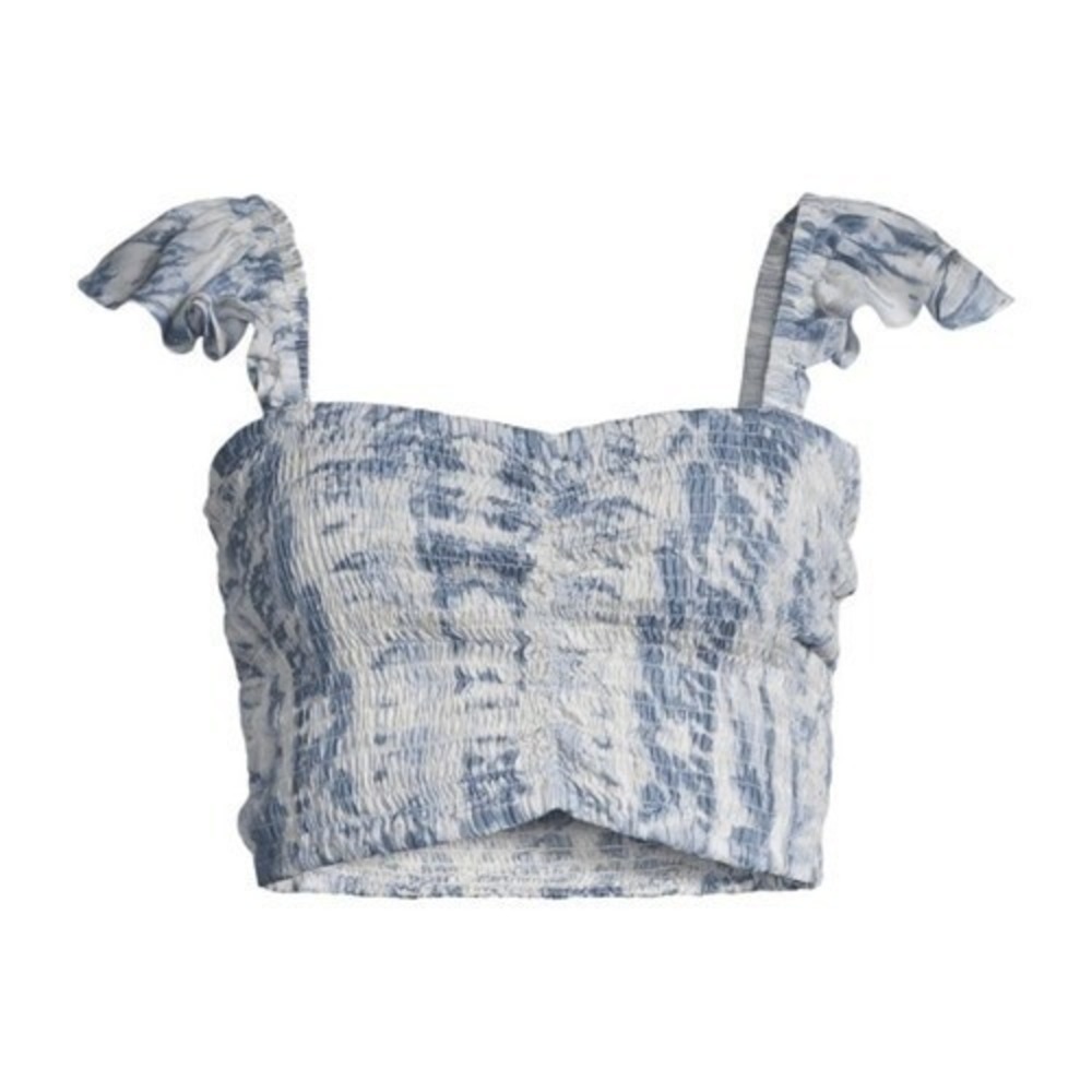 LA MODA CLOTHING Shirred Tie-Dye Cover-Up Crop Swim Top, Blue/White, L/XL,‎ NWT